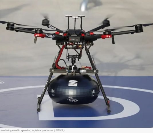 Car manufacturer uses drones to transport parts SWNS SEAT Drone India